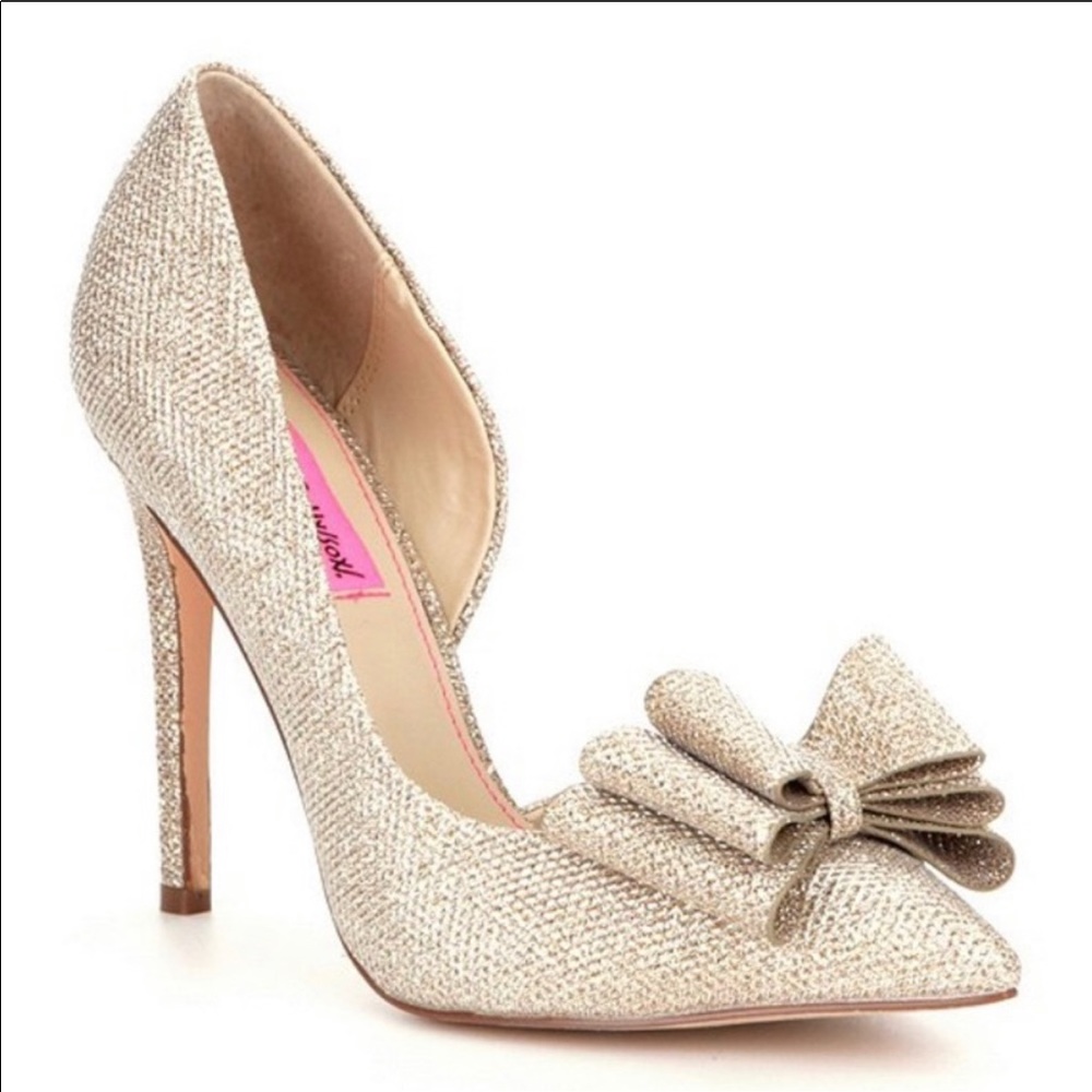 Betsey Johnson Gold Sparkle Prince Bow Pumps